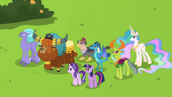 Size: 1280x720 | Tagged: safe, imported from derpibooru, screencap, grampa gruff, prince rutherford, princess celestia, princess ember, seaspray, starlight glimmer, thorax, twilight sparkle, alicorn, changedling, changeling, classical hippogriff, dragon, griffon, hippogriff, pony, unicorn, yak, school daze, blind eye, bush, changeling king, cloven hooves, crown, dragoness, ear piercing, earring, ethereal mane, eye scar, female, fez, hat, horn ring, jewelry, king thorax, looking up, male, mare, meadow, necklace, piercing, regalia, scar, smiling, twilight sparkle (alicorn)