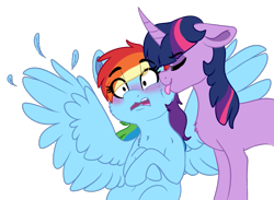 Size: 867x634 | Tagged: safe, artist:saphi-boo, imported from derpibooru, rainbow dash, twilight sparkle, pegasus, pony, unicorn, blushing, curved horn, female, horn, lesbian, licking, mare, shipping, simple background, surprised, tongue out, transparent background, twidash, unicorn twilight, wings