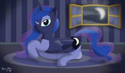 Size: 3744x2206 | Tagged: safe, artist:thedarksatanicorn, imported from derpibooru, princess luna, alicorn, pony, clothes, female, night, one eye closed, socks, solo, thigh highs, wink