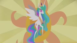 Size: 640x360 | Tagged: safe, imported from derpibooru, screencap, princess celestia, alicorn, pony, my little pony: the movie, alternate design, catasterism, female, flying, mare, pointy ponies, solo, sun