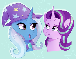 Size: 2181x1689 | Tagged: safe, artist:emera33, imported from derpibooru, starlight glimmer, trixie, duo, looking at each other