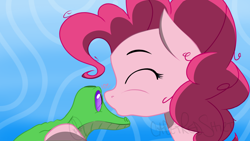 Size: 2560x1440 | Tagged: safe, artist:cadetredshirt, imported from derpibooru, gummy, pinkie pie, duo, forehead kiss, happy, kiss on head, kissing, simple background