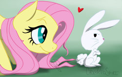 Size: 2300x1440 | Tagged: safe, artist:cadetredshirt, imported from derpibooru, angel bunny, fluttershy, pegasus, pony, rabbit, crossed arms, cute, pet, shyabetes, smiling, tsundere