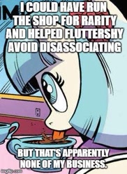 Size: 309x425 | Tagged: safe, idw, imported from derpibooru, coco pommel, earth pony, pony, fake it 'til you make it, bomb ass tea, caption, drinking, female, image macro, lapping, mare, meme, op is wrong, solo, tongue out