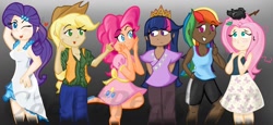 Size: 1300x600 | Tagged: safe, artist:cadetredshirt, imported from derpibooru, applejack, fluttershy, pinkie pie, rainbow dash, rarity, twilight sparkle, human, equestria girls, dark skin, diversity, humane five, humane six, humanized, mane six