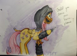 Size: 900x647 | Tagged: safe, artist:cadetredshirt, imported from derpibooru, fluttershy, pony, crossover, female, mortal kombat, scorpion (mortal kombat), simple background, solo, text, traditional art