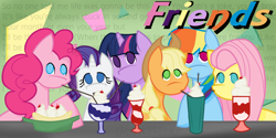 Size: 2000x1000 | Tagged: safe, artist:cadetredshirt, imported from derpibooru, applejack, fluttershy, pinkie pie, rainbow dash, rarity, twilight sparkle, banana, banana split, digital, eating, f.r.i.e.n.d.s, food, ice cream, mane six, minimalist, modern art, sundae