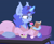 Size: 3513x2901 | Tagged: safe, artist:paskanaakka, derpibooru exclusive, imported from derpibooru, oc, oc only, oc:midnight dew, pony, unicorn, bathrobe, bed, book, clothes, colored hooves, cup, cupcake, ear fluff, eating, female, food, ice cream, lidded eyes, magic, mare, pillow, prone, reading, robe, solo, teacup, telekinesis, unshorn fetlocks