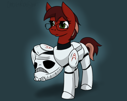 Size: 1800x1440 | Tagged: safe, artist:cadetredshirt, imported from derpibooru, oc, oc:cadetpone, earth pony, pony, alternate hairstyle, armor, clothes, costume, crossover, cutie mark, female, frown, glasses, mare, may the forth, short hair, short tail, solo, star wars, stormtrooper