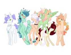 Size: 3452x2676 | Tagged: safe, artist:jaysey, imported from derpibooru, oc, oc only, oc:holly blue, oc:jona gold, oc:pinova elstar, oc:radiant eclipse, oc:stormbringer, oc:sugar honey iced tea, earth pony, pegasus, pony, unicorn, base used, female, male, mare, next generation, offspring, parent:applejack, parent:big macintosh, parent:cheese sandwich, parent:donut joe, parent:fancypants, parent:flash sentry, parent:fluttershy, parent:pinkie pie, parent:rainbow dash, parent:rarity, parent:soarin', parent:twilight sparkle, parents:cheesepie, parents:donutjack, parents:flashlight, parents:fluttermac, parents:raripants, parents:soarindash, simple background, stallion, white background