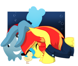 Size: 1024x869 | Tagged: safe, artist:cadetredshirt, imported from derpibooru, oc, oc only, oc:jessica pedley, chicken, lapras, mudkip, pegasus, pony, bunny ears, clothes, commission, crossover, happy, nuzzles, nuzzling, pokémon, simple background, smiling, solo, transparent background, ych result