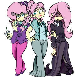 Size: 1024x1024 | Tagged: safe, artist:befishproductions, imported from derpibooru, fluttershy, equestria girls, fake it 'til you make it, cellphone, clothes, coffee, dress, ear piercing, earring, eyeshadow, fluttergoth, hair over one eye, hat, hipstershy, jewelry, lipstick, makeup, multeity, phone, piercing, severeshy, simple background, so much flutter, transparent background, triality, trio