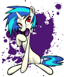 Size: 825x990 | Tagged: safe, artist:aliasforrent, imported from derpibooru, dj pon-3, vinyl scratch, pony, unicorn, abstract background, female, mare, missing cutie mark, paint splatter, red eyes, simple background, sitting, solo, transparent background, wrong eye color