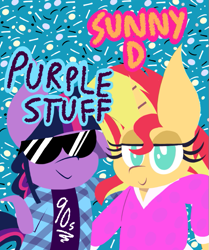 Size: 585x700 | Tagged: safe, artist:dragonpone, derpibooru exclusive, imported from derpibooru, sunset shimmer, twilight sparkle, alicorn, pony, unicorn, '90s, clothes, duo, female, lidded eyes, looking at you, mare, purple stuff, radical, shirt, smiling, sunglasses, sunny d, twilight sparkle (alicorn)