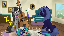 Size: 1024x576 | Tagged: safe, artist:cadetredshirt, imported from derpibooru, dj pon-3, octavia melody, vinyl scratch, oc, oc:lunargamer, alicorn, earth pony, pony, unicorn, background pony, canon x oc, cello, female, group shot, lunartavi, male, mare, musical instrument, playing instrument, shipping, sleeping, stallion, straight, vinyl, zzz