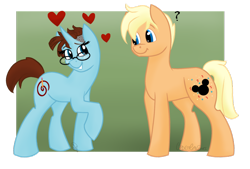 Size: 1024x694 | Tagged: safe, artist:cadetredshirt, imported from derpibooru, oc, oc only, oc:acracebest, oc:toodles, acracebest, clueless, disney, female, glasses, heart, looking at each other, male, oc x oc, romance, shipping, simple background, straight