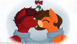 Size: 1024x590 | Tagged: safe, artist:cadetredshirt, imported from derpibooru, oc, oc:jessica, oc:littleshyfim, pegasus, pony, christmas, clothes, couple, female, happy, holiday, male, mistletoe, nuzzles, nuzzling, oc x oc, scarf, shared clothing, shared scarf, shipping, straight, ych result