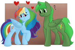 Size: 1024x694 | Tagged: safe, artist:cadetredshirt, imported from derpibooru, rainbow dash, oc, oc:green thunder, pegasus, pony, alternate hairstyle, alternate mane style, blushing, canon x oc, clueless, female, greendash, happy, heart, long mane, male, never doubt blaa6 involvement, romance, simple background, smiling, straight, teeth