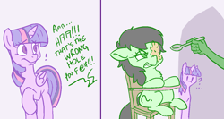 Size: 1220x651 | Tagged: safe, artist:lockhe4rt, imported from derpibooru, twilight sparkle, oc, oc:anon, oc:filly anon, alicorn, earth pony, human, pony, ..., angry, bait and switch, censored, chair, chest fluff, comic, confused, dialogue, exclamation point, feeding, female, filly, floppy ears, gritted teeth, highchair, offscreen character, question mark, sitting, spoon, twilight sparkle (alicorn), vulgar, wrong hole