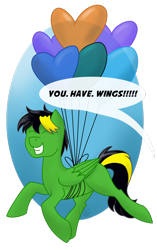 Size: 1024x1630 | Tagged: safe, artist:cadetredshirt, imported from derpibooru, oc, oc:traveling arrow, pegasus, pony, balloon, comedy, floating, happy, heart, heart balloon, simple background, speech, teeth, text, transparent background, ych result