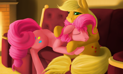 Size: 2000x1200 | Tagged: safe, artist:boomythemc, imported from derpibooru, applejack, pinkie pie, earth pony, pony, applepie, commission, couch, cutie mark, female, holding, hug, lesbian, lying down, mare, shipping, sitting, smiling, tired