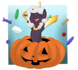 Size: 1024x921 | Tagged: safe, artist:cadetredshirt, imported from derpibooru, oc, oc only, oc:sweet bowl, pony, candy, food, halloween, holiday, jack-o-lantern, pumpkin, simple background, solo, transparent background, ych result