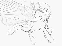 Size: 4000x3000 | Tagged: safe, artist:boomythemc, imported from derpibooru, princess luna, alicorn, pony, cutie mark, female, grayscale, jewelry, large wings, looking back, mare, monochrome, regalia, simple background, sketch, solo, spread wings, white background, wings, wip