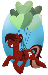 Size: 1024x1576 | Tagged: safe, artist:cadetredshirt, imported from derpibooru, oc, oc only, oc:cadetpone, earth pony, pony, balloon, eyes closed, floating, glasses, hair bun, happy, simple background, smiling, solo, transparent background, ych result