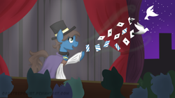 Size: 2560x1440 | Tagged: safe, artist:cadetredshirt, imported from derpibooru, oc, oc:chance tarot, dove, earth pony, pony, city, clothes, crowd, curtains, happy, hat, magic, performance, playing card, show, stage, top hat