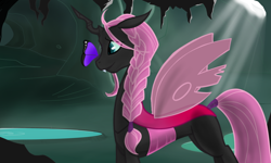 Size: 1024x614 | Tagged: safe, artist:cadetredshirt, imported from derpibooru, oc, oc only, oc:pupatinea, butterfly, changeling, changeling queen, braid, cave, changeling oc, changeling queen oc, cute, cute little fangs, fangs, female, happy, pink changeling, princess, solo, tail wrap