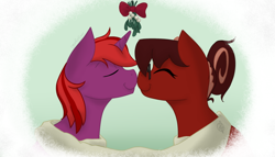 Size: 1024x587 | Tagged: safe, artist:cadetredshirt, imported from derpibooru, oc, oc:cadetpone, oc:quillo manar, earth pony, pony, unicorn, clothes, couple, duo, eyes closed, female, glasses, happy, heart, male, mistletoe, nuzzles, nuzzling, oc x oc, romance, scarf, shipping, simple background, straight