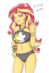 Size: 2208x3248 | Tagged: safe, artist:sumin6301, imported from derpibooru, sunset shimmer, equestria girls, equestria girls series, forgotten friendship, adorasexy, australian, belly button, bikini, bikini babe, black swimsuit, clothes, cute, cutie mark on clothes, cutie mark swimsuit, dialogue, female, hand on hip, high res, jeweled swimsuit, lidded eyes, looking at you, one eye closed, sexy, shimmerbetes, simple background, smiling, solo, summer sunset, swimsuit, white background, wink