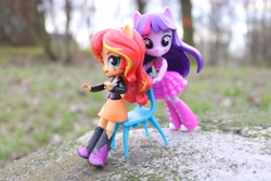 Size: 6000x4000 | Tagged: safe, artist:artofmagicpoland, imported from derpibooru, sunset shimmer, twilight sparkle, alicorn, equestria girls, about to fail, chair, doll, equestria girls minis, eqventures of the minis, female, irl, photo, pushing, revenge, this will end in pain, toy, twibitch sparkle, twilight sparkle (alicorn)