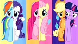 Size: 1280x720 | Tagged: safe, imported from derpibooru, screencap, applejack, fluttershy, pinkie pie, rainbow dash, rarity, twilight sparkle, earth pony, pegasus, pony, unicorn, magical mystery cure, cutie mark swap, female, mane six, mare, pinkamena diane pie, unicorn twilight, what my cutie mark is telling me