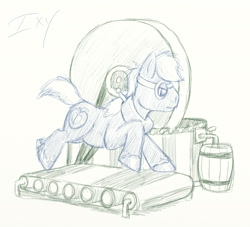 Size: 2200x2000 | Tagged: safe, artist:ixbalam, imported from derpibooru, big macintosh, pony, the super speedy cider squeezy 6000, barrel, cider, cider press, goggles, male, partial color, sketch, solo, traditional art, treadmill