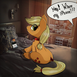 Size: 1782x1778 | Tagged: safe, artist:php97, edit, imported from derpibooru, applejack, pony, bed, city, collar, cute, cutie mark, dock, female, freckles, iphone, irl, looking at you, offscreen character, pet, pet tag, photo, ponies in real life, pony pet, sitting, solo, stealth pun, tail wrap, tumblr