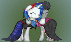 Size: 1167x696 | Tagged: safe, artist:askaniz, artist:zonra, imported from derpibooru, dj pon-3, octavia melody, vinyl scratch, earth pony, pony, unicorn, clothes, crossover, eyes closed, female, floppy ears, lesbian, mare, minecraft, minecraft pixel art, pixel art, scratchtavia, shipping, smiling