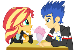 Size: 6000x4000 | Tagged: safe, artist:spottedlions, imported from derpibooru, flash sentry, sunset shimmer, equestria girls, absurd resolution, clothes, commission, drinking, female, flashimmer, jacket, leather jacket, looking at each other, male, milkshake, shipping, simple background, smiling, straight, straw, table