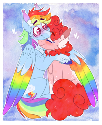 Size: 768x945 | Tagged: safe, artist:wanderingpegasus, imported from derpibooru, pinkie pie, rainbow dash, earth pony, pegasus, pony, blushing, cheek fluff, chest fluff, colored hooves, colored wings, colored wingtips, duo, ear fluff, eyes closed, female, heart, heart eyes, hug, lesbian, mare, multicolored wings, pinkiedash, rainbow wings, shipping, sitting, smiling, snuggling, unshorn fetlocks, wing fluff, wingding eyes, winghug