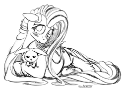 Size: 1100x850 | Tagged: safe, artist:noctomaeus, imported from derpibooru, angel bunny, fluttershy, pegasus, pony, rabbit, bashful, female, floppy ears, grayscale, looking at you, lying down, mare, monochrome, signature, sketch, solo, unamused, unshorn fetlocks