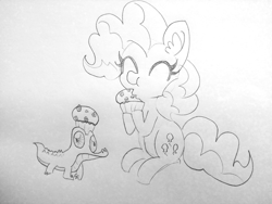 Size: 1920x1440 | Tagged: safe, artist:tjpones, imported from derpibooru, gummy, pinkie pie, alligator, earth pony, pony, black and white, cupcake, duo, eating, eyes closed, female, food, grayscale, lineart, mare, monochrome, sitting, traditional art