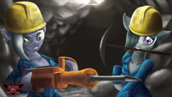 Size: 3840x2160 | Tagged: safe, artist:tsaritsaluna, imported from derpibooru, limestone pie, marble pie, earth pony, pony, clothes, dirty, duo, duo female, female, goggles, hard hat, jackhammer, mine, miner, mining, pickaxe, pie sisters, siblings, sisters, sweat, underground