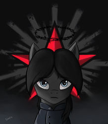 Size: 2700x3100 | Tagged: safe, artist:sinniepony, imported from derpibooru, oc, oc only, oc:sinnie, pony, equestria at war mod, abstract background, black mane, blue eyes, clothes, crown of thorns, solo, soviet, stalliongrad, uniform