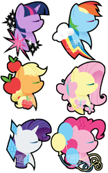 Size: 3066x4905 | Tagged: safe, artist:theartsyemporium, deleted from derpibooru, imported from derpibooru, applejack, fluttershy, pinkie pie, rainbow dash, rarity, twilight sparkle, alicorn, butterfly, earth pony, pegasus, pony, unicorn, apple, balloon, eyes closed, female, food, hatless, mane six, mare, missing accessory, profile, simple background, transparent background, twilight sparkle (alicorn)