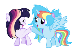 Size: 1070x784 | Tagged: dead source, safe, artist:rainbows-skies, artist:thesmall-artist, imported from derpibooru, oc, oc only, oc:celestial moon, oc:colour sparkling, alicorn, pony, unicorn, female, filly, hoofbump, magical lesbian spawn, offspring, parent:rainbow dash, parent:twilight sparkle, parents:twidash, simple background, transparent background