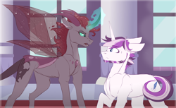 Size: 4000x2448 | Tagged: safe, artist:anyatrix, imported from derpibooru, oc, oc only, oc:bed bug, oc:cupid arrow, changepony, pony, unicorn, beard, facial hair, male, offspring, parent:pharynx, parent:princess cadance, parent:princess luna, parent:shining armor, parents:lunarynx, parents:shiningcadance, stallion