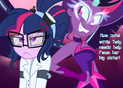 Size: 700x500 | Tagged: safe, artist:wubcakeva, imported from derpibooru, sci-twi, twilight sparkle, comic:twilight's lab, equestria girls, clothes, cross-popping veins, midnight sparkle, self paradox, smiling