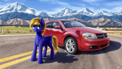 Size: 4551x2560 | Tagged: safe, artist:smowu, artist:syntaxartz, imported from derpibooru, oc, oc only, oc:cloud quake, pegasus, pony, car, dodge (car), dodge avenger, highway, road, scenery, solo