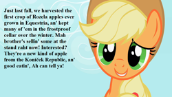 Size: 1152x648 | Tagged: safe, edit, edited screencap, imported from derpibooru, screencap, applejack, sisterhooves social, bronybait, cropped, cute, happy, implied big macintosh, jackabetes, smiling, text, that pony sure does love apples