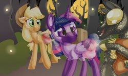 Size: 1000x600 | Tagged: safe, artist:sallindaemon, imported from derpibooru, applejack, twilight sparkle, oc, alicorn, earth pony, pony, cowboy hat, crate, female, hat, saddle bag, smiling, stetson, twilight sparkle (alicorn)